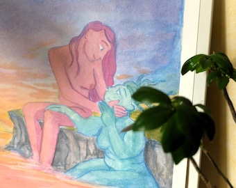 May include: Watercolor painting of two figures, one with pink skin and long pink hair, the other with blue-green skin and a long, flowing tail. The figures are embracing and appear to be in a loving relationship.
