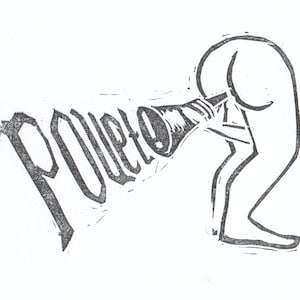 Op de afbeelding: Een zwart-witte illustratie van een persoon die een megafoon vasthoudt met het woord "POLETO" geschreven in een gestileerd lettertype.