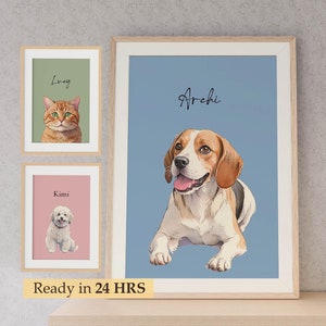 Retrato de mascota personalizado, impresión enmarcada para amantes de las mascotas, regalo conmemorativo para mascotas, obra de arte de dibujos animados de perros y gatos personalizada, retrato de perro, pintura digital