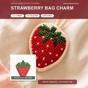 May include: A digital needlepoint pattern for a strawberry bag charm by Open Morrow Studio. The image displays a finished strawberry-shaped needlepoint piece with red, green, and yellow stitching, alongside a small grid-based chart graphic.