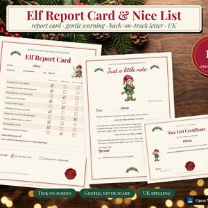 May include: A set of printable Christmas documents including an Elf Report Card, a gentle note from the North Pole, and a Nice List Certificate. Each document features red text, festive green holly accents, and illustrations of a small elf character.