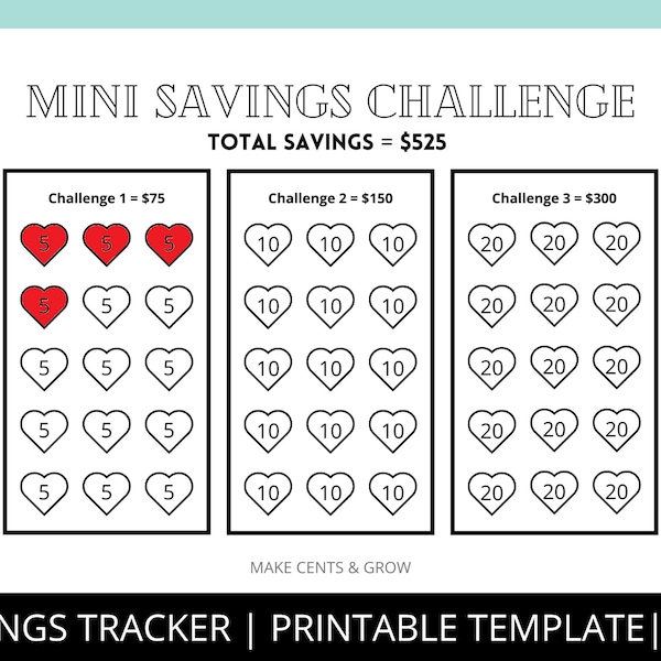 Mini Savings Challenge | Heart Theme | Save 525 | PDF Money Saving Tracker | Budget Challenge | Personal Finance Tool | Printable Worksheet