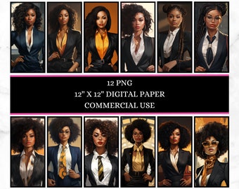 Könnte beinhalten: Digitales Papier-Set mit 12 Porträts von Frauen in Business-Kleidung. Jedes Porträt misst 30,48 cm x 30,48 cm. Die Frauen sind in Anzügen und Blusen dargestellt, mit verschiedenen Frisuren und Accessoires. Der Text auf dem Bild lautet "12 PNG, 12" X 12" DIGITAL PAPER, COMMERCIAL USE."