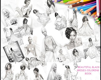 May include: A collection of black and white illustrations of brides in various poses and settings. The illustrations are part of a coloring book titled "Beautiful Black Brides Coloring Book".