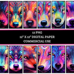 Neon wolf digital paper png
