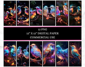 May include: A digital paper set featuring twelve vibrant, colorful bird illustrations. Each bird is perched on a branch, with a dark background. The text reads "12 PNG 12" X 12" DIGITAL PAPER COMMERCIAL USE".