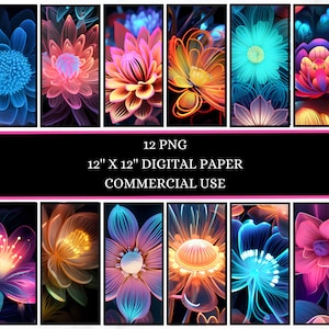 Neon glowing flowers digital paper png