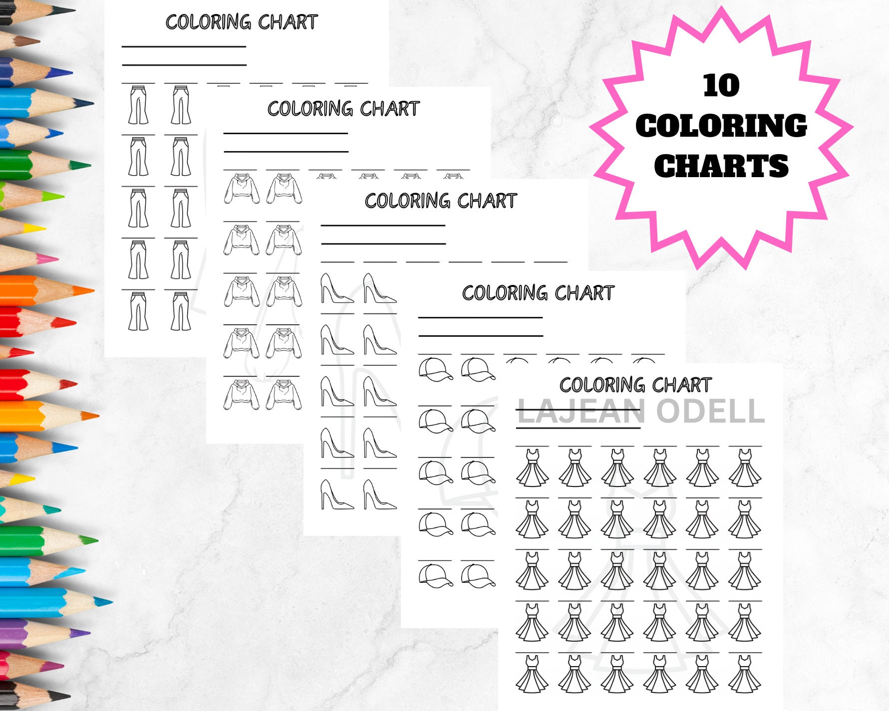 10 Blank Clothes Color Swatch Charts, Cute Bundle for Coloring Pencils ...