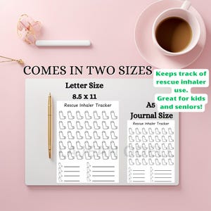 Op de afbeelding: Afdrukbare reddingsinhalator-tracker in twee formaten: Letter (8,5 x 11 inch) en A5 Journal. De tracker heeft een raster met inhalatorpictogrammen om het gebruik te markeren.  Houdt het gebruik van de reddingsinhalator bij. Ideaal voor kinderen en senioren!