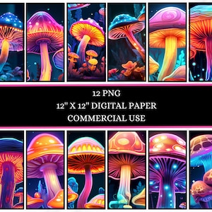 Neon glowing mushrooms digital paper png