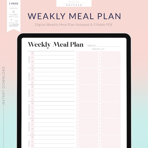 Digital Meal Planner for Goodnotes, Blush Pink, Undated Weekly Meal Planner, 1 Page Notepad, Fillable Fields Planner PDF, Notability