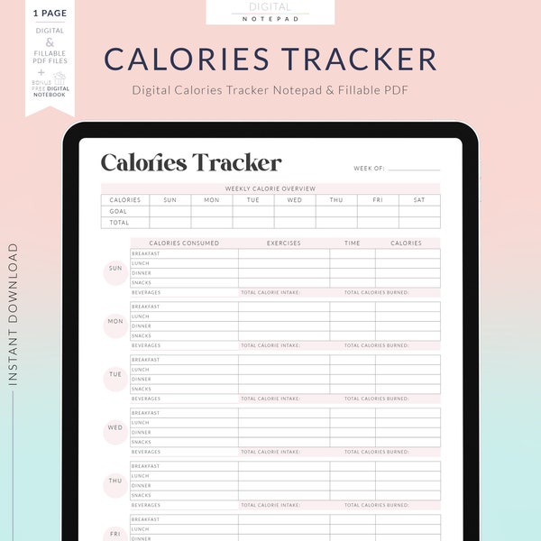 Digital Calories Tracker for Goodnotes, Food Calorie Journal, Meal planner, Diet Planner, 1 Page Notepad, Fillable Fields Planner PDF