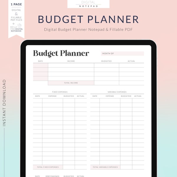 Digital Budget Planner for Goodnotes, Paycheck Budget, Finance Planner, 1 Page Notepad, Fillable Fields Planner PDF