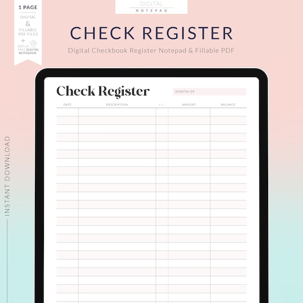 Checkbook Register for Goodnotes, Printable Check Register, Transaction Tracker, Page Notepad, Fillable Fields Planner PDF