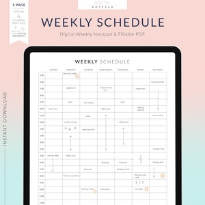 Digital Weekly Schedule for Goodnotes, 24/7 Weekly Timetable, Hourly Agenda, 1 Page Notepad, Fillable Fields Planner PDF