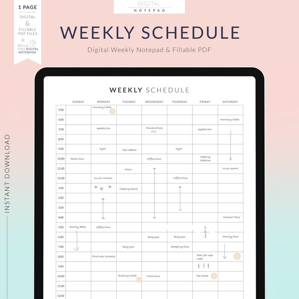Digital Weekly Schedule for Goodnotes, 24/7 Weekly Timetable, Hourly Agenda, 1 Page Notepad, Fillable Fields Planner PDF