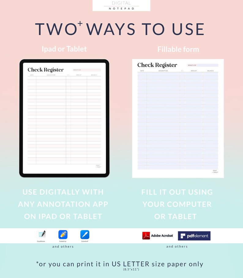 Checkbook Register for Goodnotes, Printable Check Register, Transaction