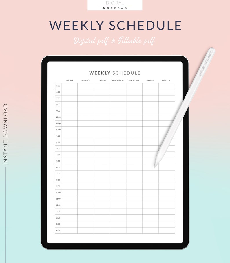 Digital Weekly Schedule for Goodnotes, 24/7 Weekly Timetable, Hourly