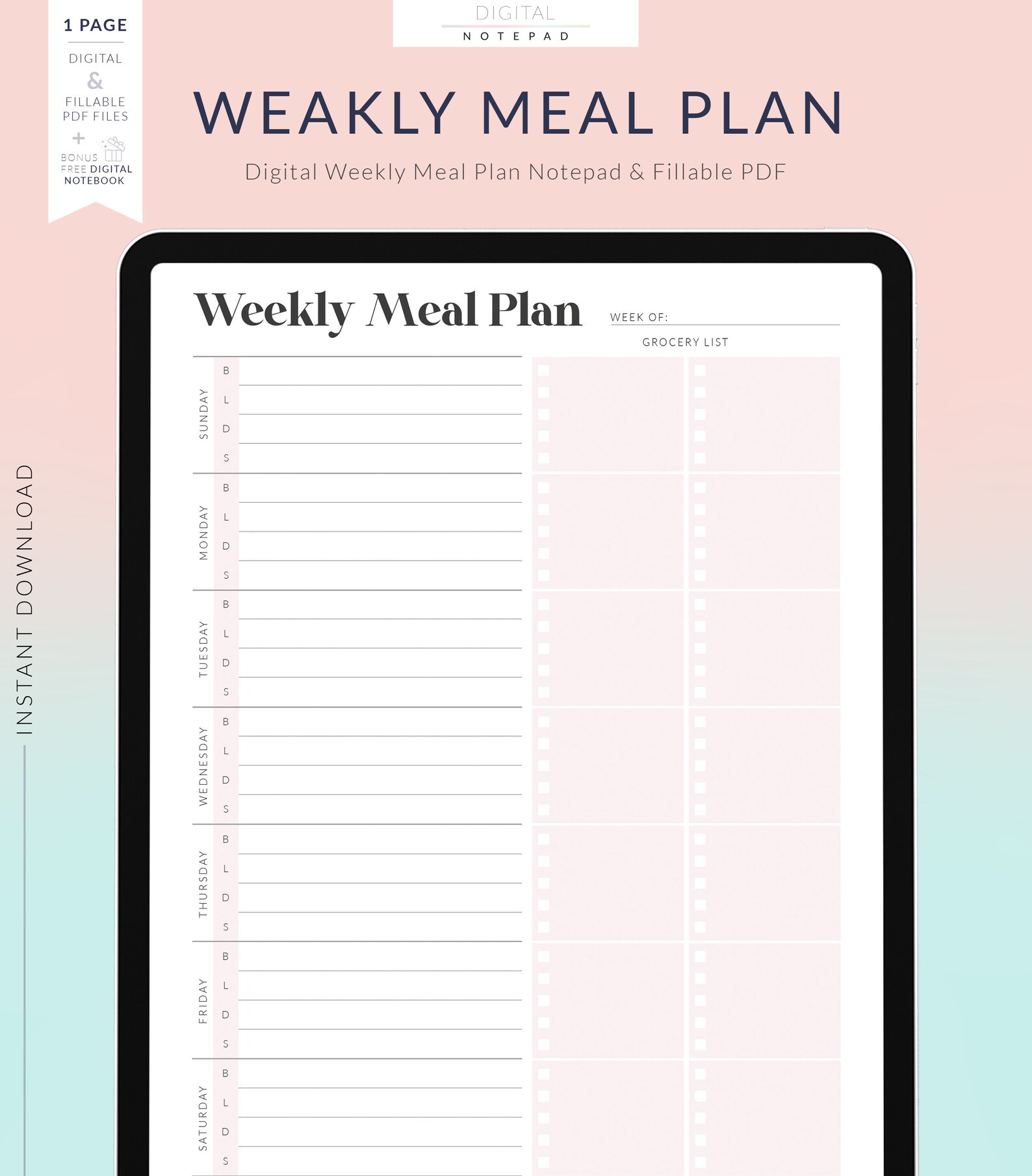 Digital Meal Planner For Goodnotes Blush Pink Undated Weekly Meal 