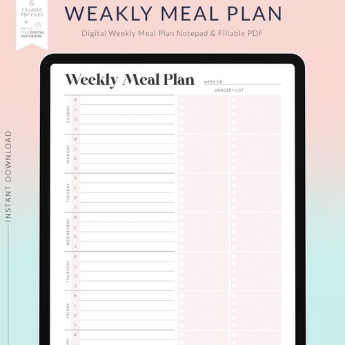 Digital Meal Planner for Goodnotes Blush Pink Undated Weekly Etsy