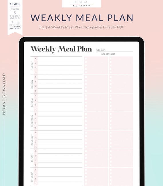 Digital Meal Planner for Goodnotes, Blush Pink, Undated Weekly Meal Planner,  1 Page Notepad, Fillable Fields Planner PDF, Notability 