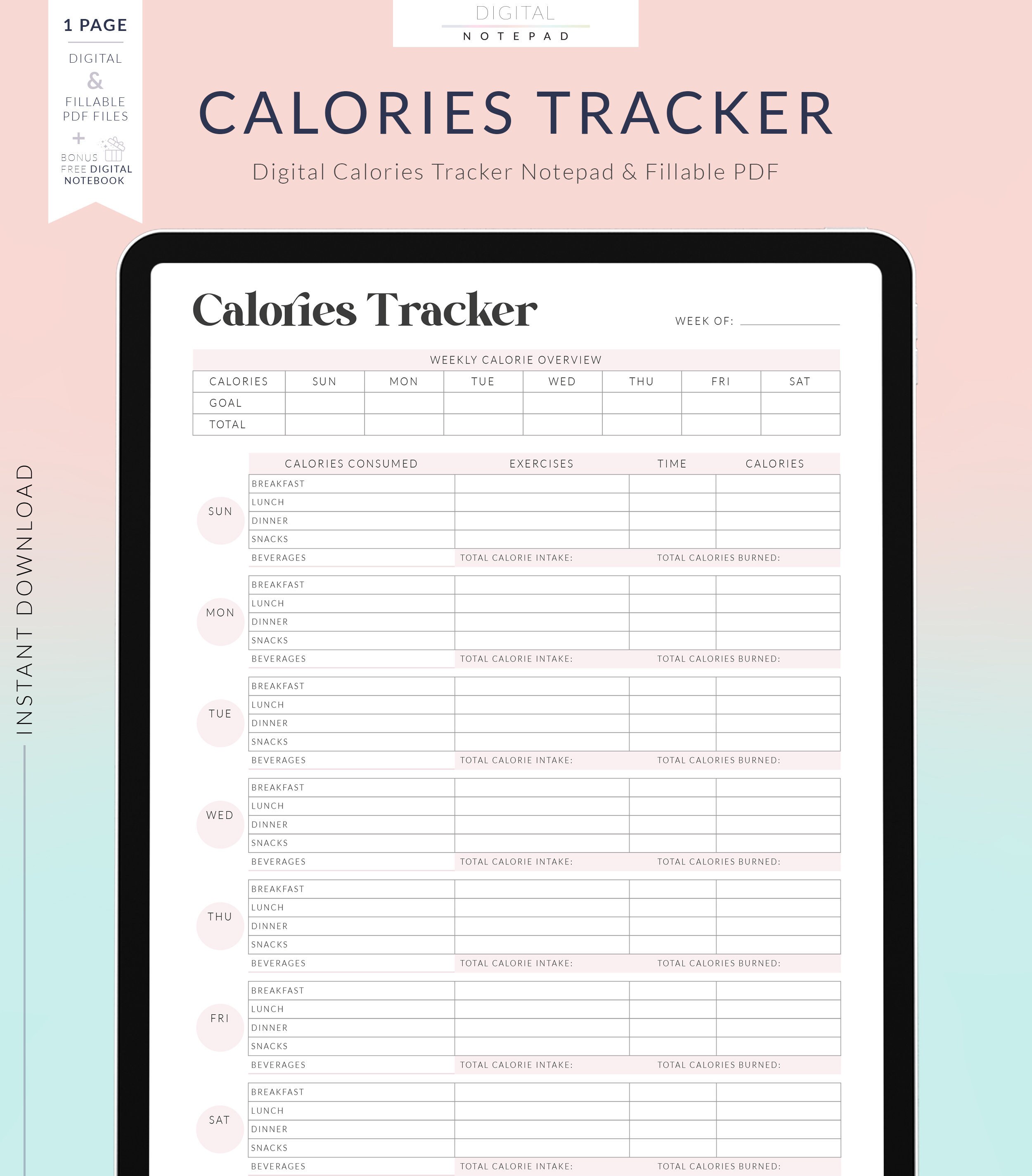 Digital Calories Tracker for Goodnotes, Food Calorie Journal, Meal