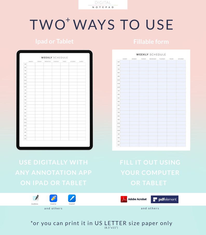 Digital Weekly Schedule for Goodnotes, 24/7 Weekly Timetable, Hourly Agenda, 1 Page Notepad
