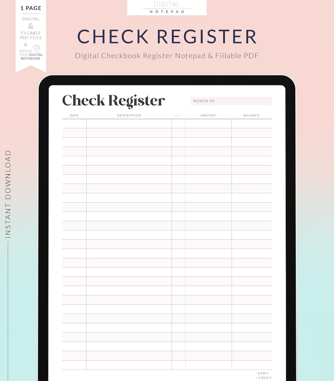 Checkbook Register for Goodnotes, Printable Check Register, Transaction
