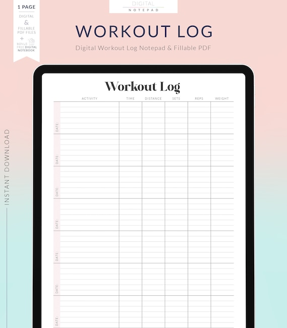 Digital Workout Log for Goodnotes Weekly Workout Template Workout Planner 1 Page Notepad Fillable Fields Planner PDF