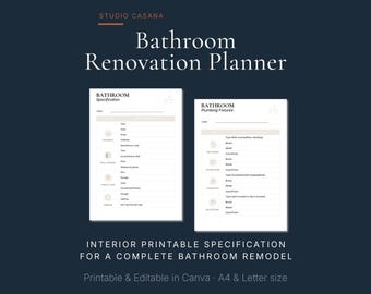 Badezimmer Renovieren Planer | Druckbares Spezifikationsblatt | Zubehör Spielplan | PDF & Leinwand | A4 Brief