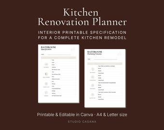 Puede incluir: Un planificador de renovación de cocina que consta de dos páginas blancas con texto e iconos en negro. Las páginas se titulan Bathroom Specification y Bathroom Plumbing Fixtures, e incluyen campos para marca, modelo y acabado de color, con texto.