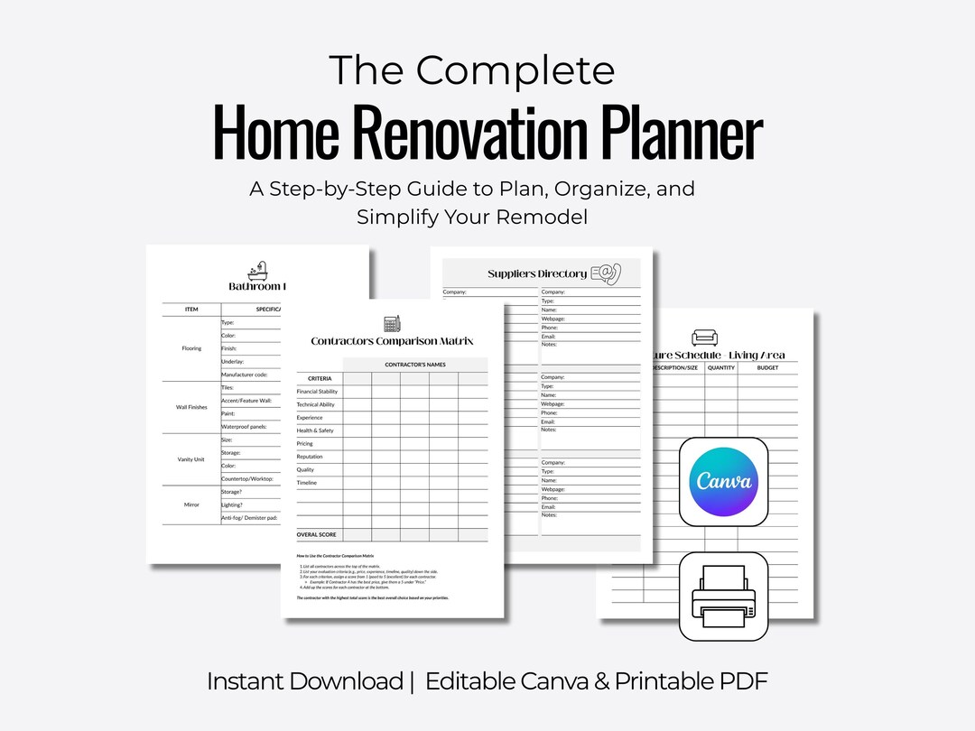 Home Renovation Planner: Editable Canva Template (digital Download) - Etsy