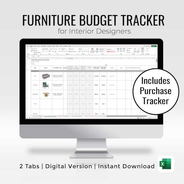 Furniture Cost Tracker For Interior Designers | Furniture Budget Planner | Excel Budget Template | Small Business Tools | Purchase Tracker