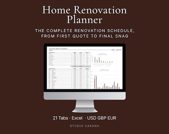 May include: A computer monitor displaying a Home Renovation Planner spreadsheet with tables and bar charts. The screen shows budget and cost data. Text on the screen reads Home Renovation, 21 Tabs, Excel, USD GBP EUR, and Studio Casana.