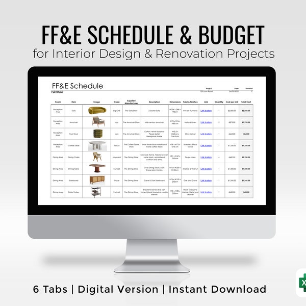 Programma FF&E + Budget per design d'interni/Progetti di ristrutturazione/Pianificatore di budget per mobili/Modello di budget Excel/Strumenti di ristrutturazione della casa