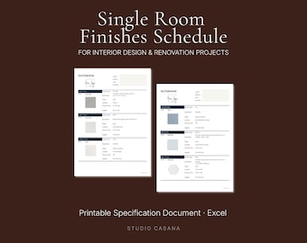 Single Room Finishes Schedule | Product Specification Template | Interior Design Document | Printable Excel Template