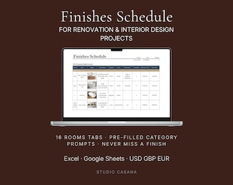 Finishes Schedule Template | Interior Design and Renovation Planner | Room by Room Specification | Excel & Google Sheets | 16 Tabs