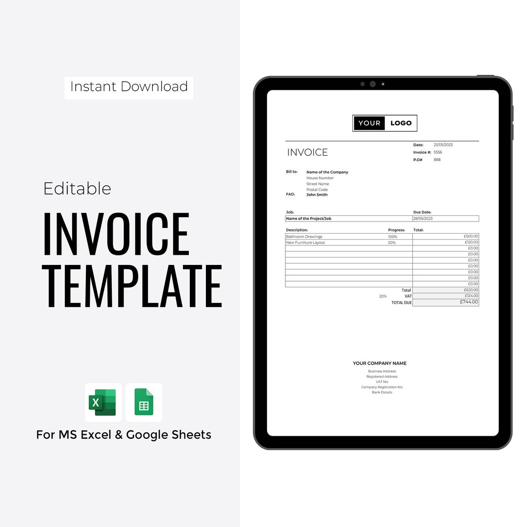 Editable Invoice Template | Digital Download for MS Excel & Google ...