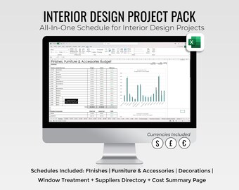 Interior Design Project Pack | All-in-one Template: Finishes & Furniture Schedule | Window Treatment + Painting Schedule | Directory