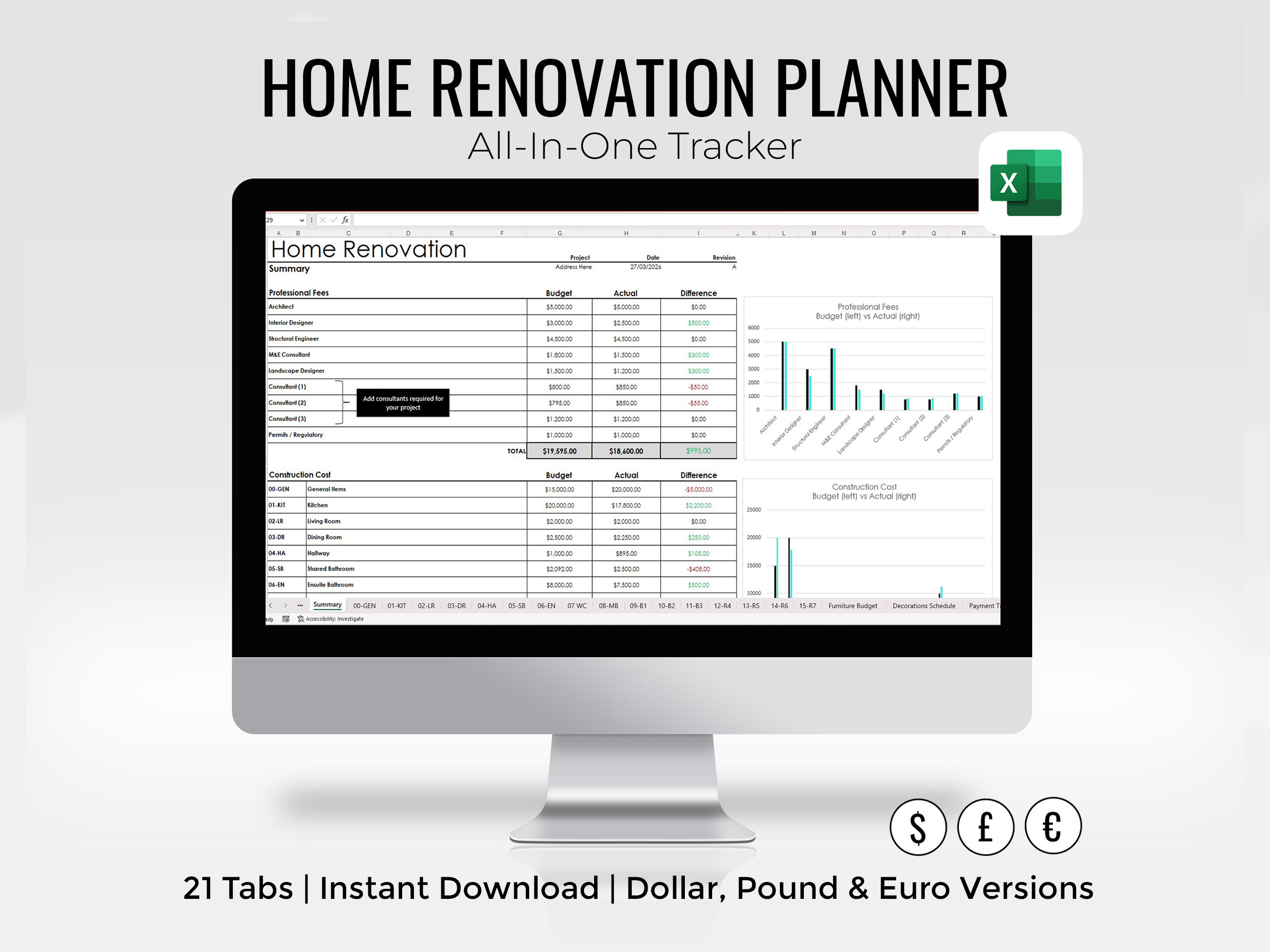 Home Renovation Planner | All-in-one Excel Spreadsheet | Finishes ...