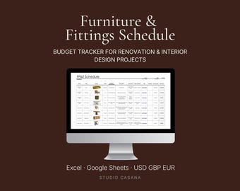 Furniture and Fittings Schedule Template | Interior Design Budget Planner | Renovation Spreadsheet Excel Sheets