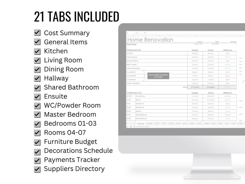 Home Renovation Planner | All-in-one Excel Spreadsheet | Finishes ...
