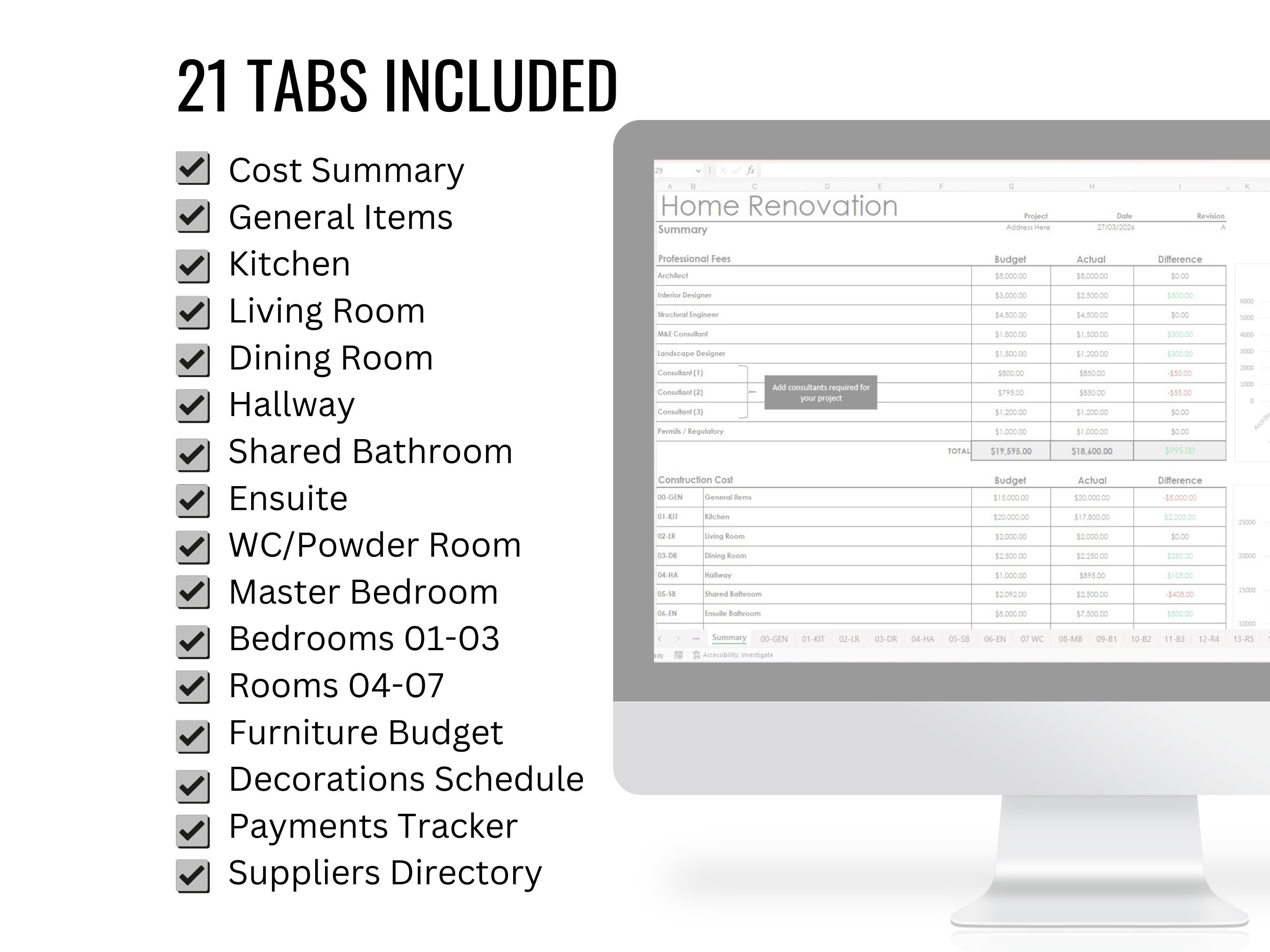 Home Renovation Planner | All-in-one Excel Spreadsheet | Finishes ...