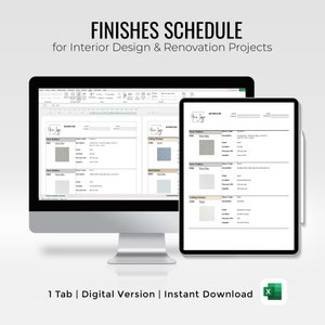 Interior Design Finishes Schedule | Specifications Template | Excel Template | Home Renovation Tools | Interior Design Tools