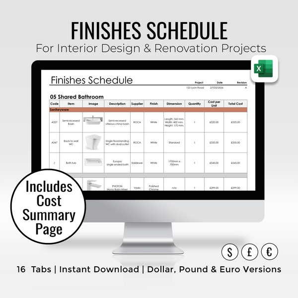 Interior Design Finishes Schedule | Specifications Template | Excel Template | Home Renovation Tools | Interior Design Tools