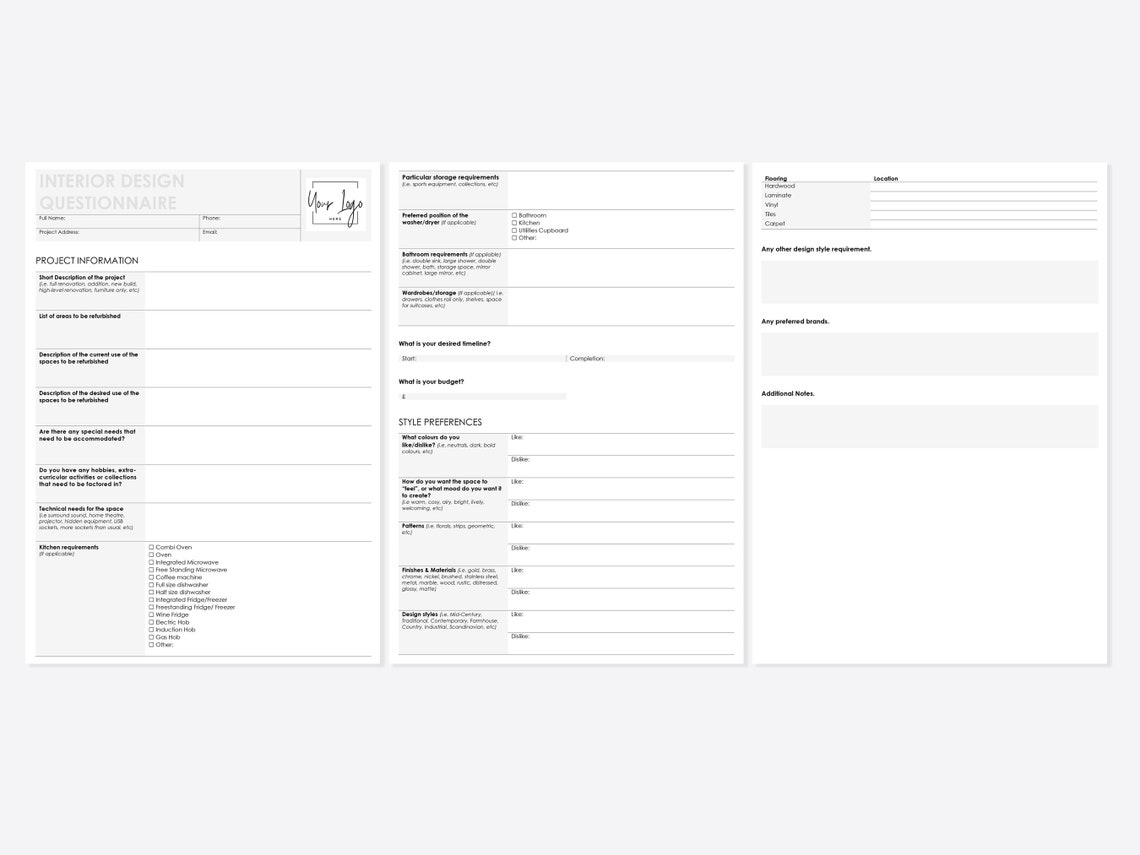 Interior Design Client Questionnaire Template (printable & Digital) - Etsy