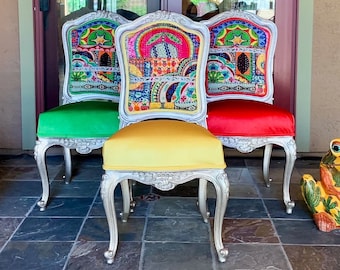Boho Eclectic Kantha Quilt Dining Chairs - set of six