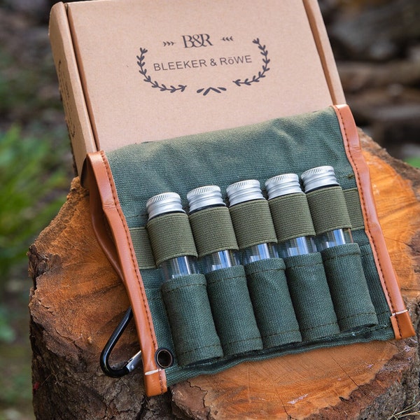 Bushcraft Camping Spice Kit with Glass Jars, Funnel and Carabiner Great for Backpacking, Travel, Glamping and Camping