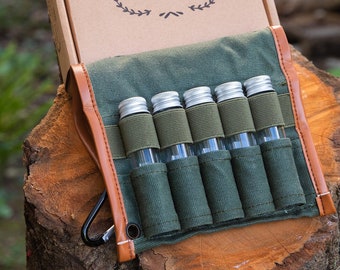 Bushcraft Camping Spice Kit with Glass Jars, Funnel and Carabiner Great for Backpacking, Travel, Glamping and Camping