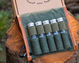 Bushcraft Camping Spice Kit with Glass Jars, Funnel and Carabiner Great for Backpacking, Travel, Glamping and Camping